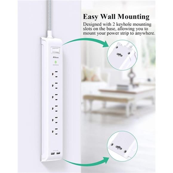 2 Pack Power Strip - 12FT Long Extension Cord with 6 Outlets and 2 USB - Picture 6 of 6